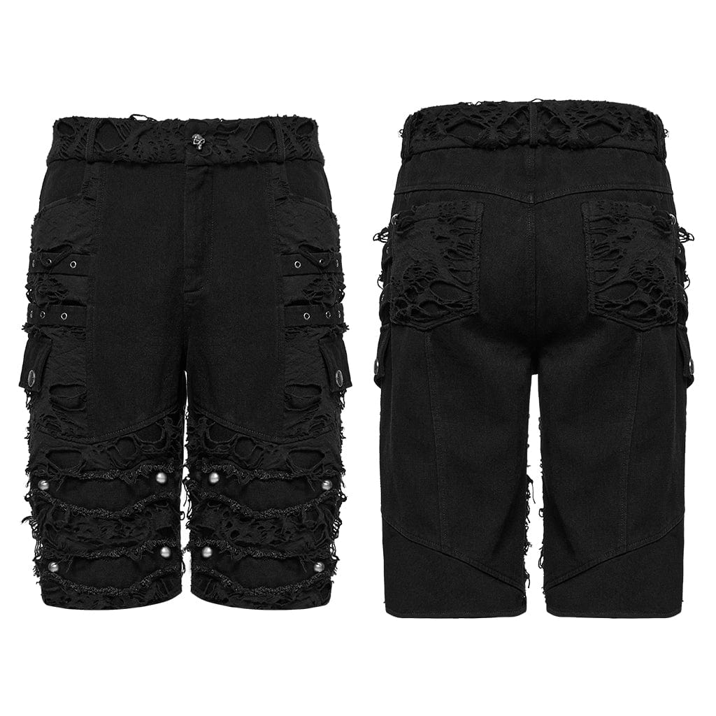 PUNK RAVE Men's Punk Eyelet Straps Ripped Shorts