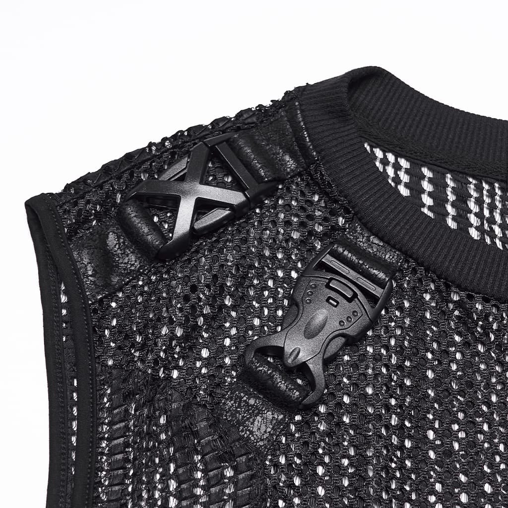 PUNK RAVE Men's Punk Eyelets Buckles Mesh Tank Top