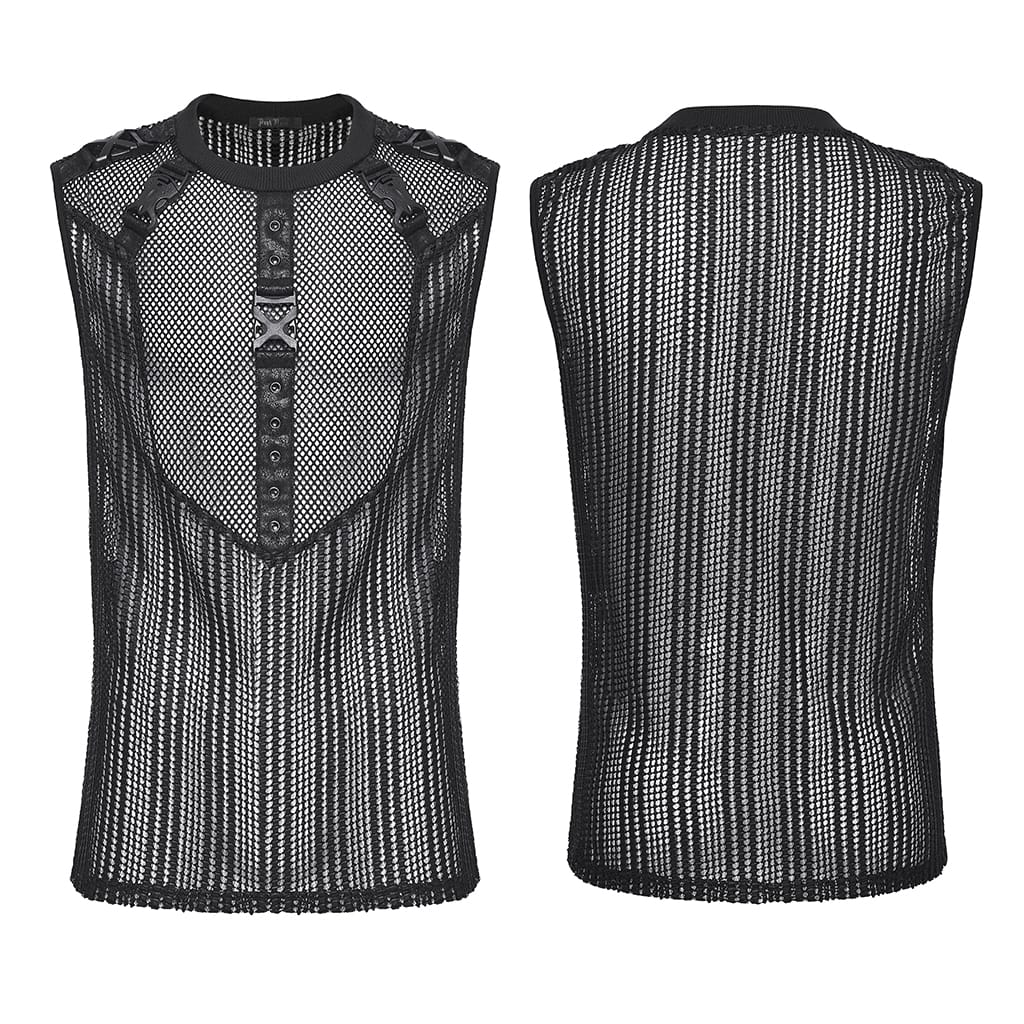 PUNK RAVE Men's Punk Eyelets Buckles Mesh Tank Top