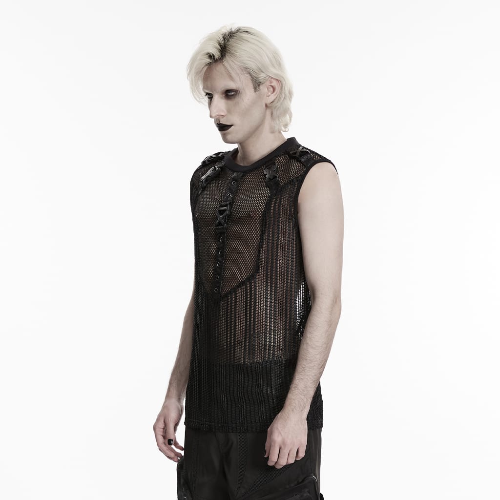 PUNK RAVE Men's Punk Eyelets Buckles Mesh Tank Top