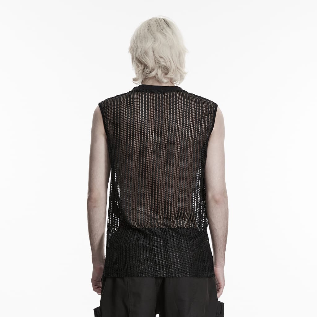 PUNK RAVE Men's Punk Eyelets Buckles Mesh Tank Top