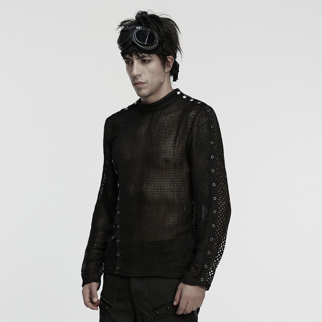 PUNK RAVE Men's Punk Eyelets Mesh T-shirt