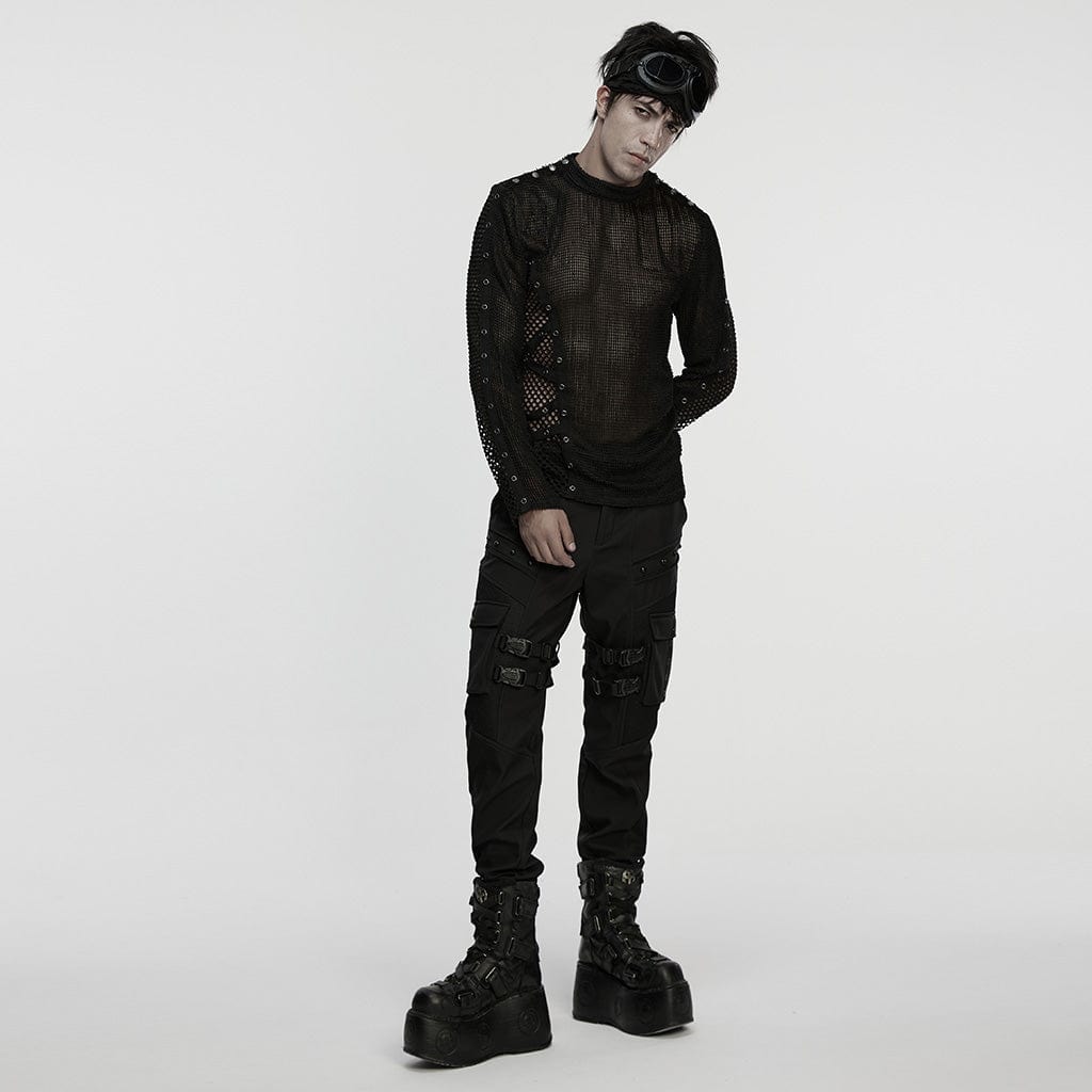 PUNK RAVE Men's Punk Eyelets Mesh T-shirt