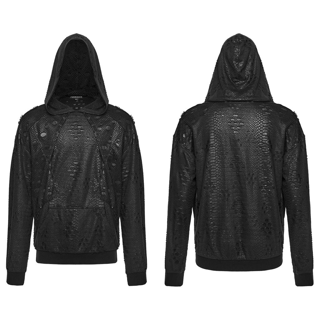 PUNK RAVE Men's Punk Eyelets Ripped Loose Hoodie