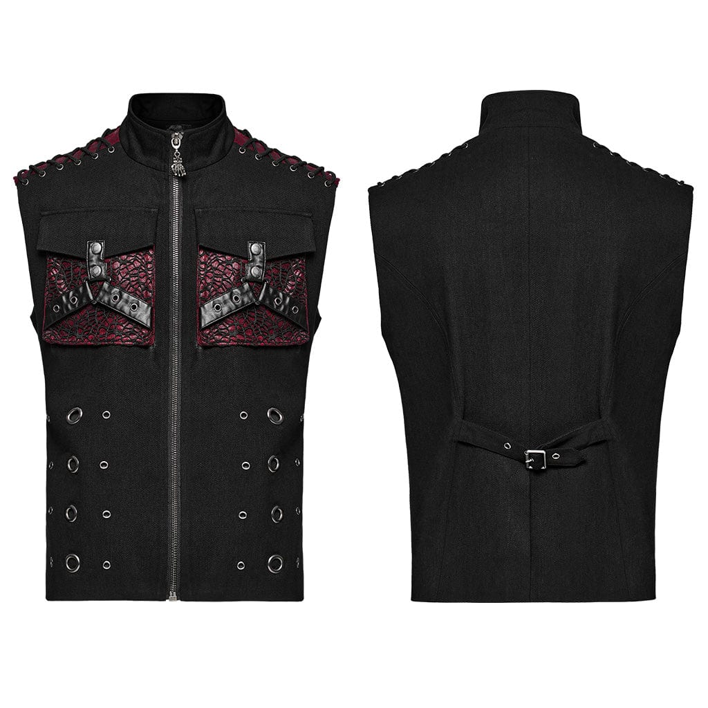 PUNK RAVE Men's Punk Faux Leather Big-pocket Black Red Vest