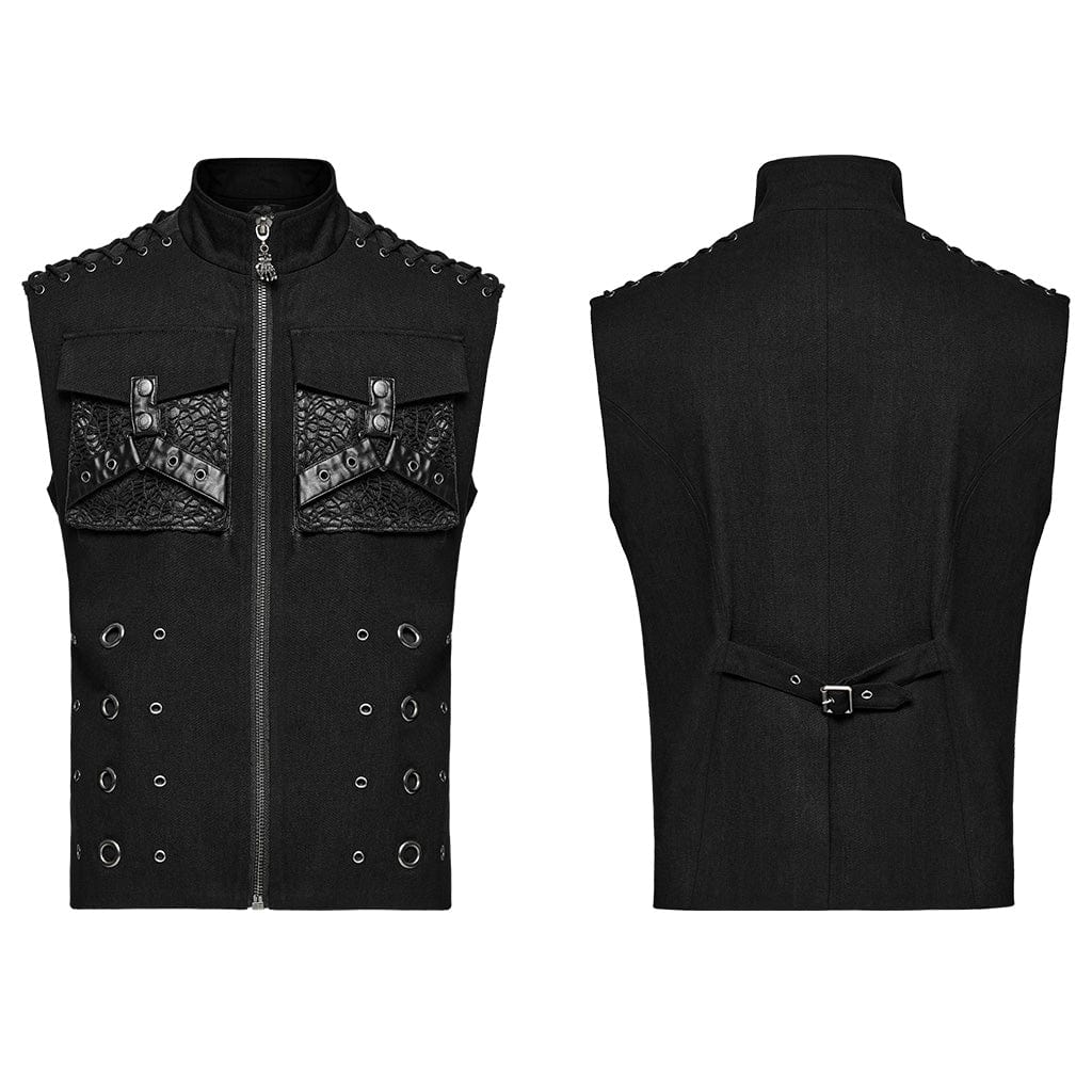 PUNK RAVE Men's Punk Faux Leather Big-pocket Eyelets Vest