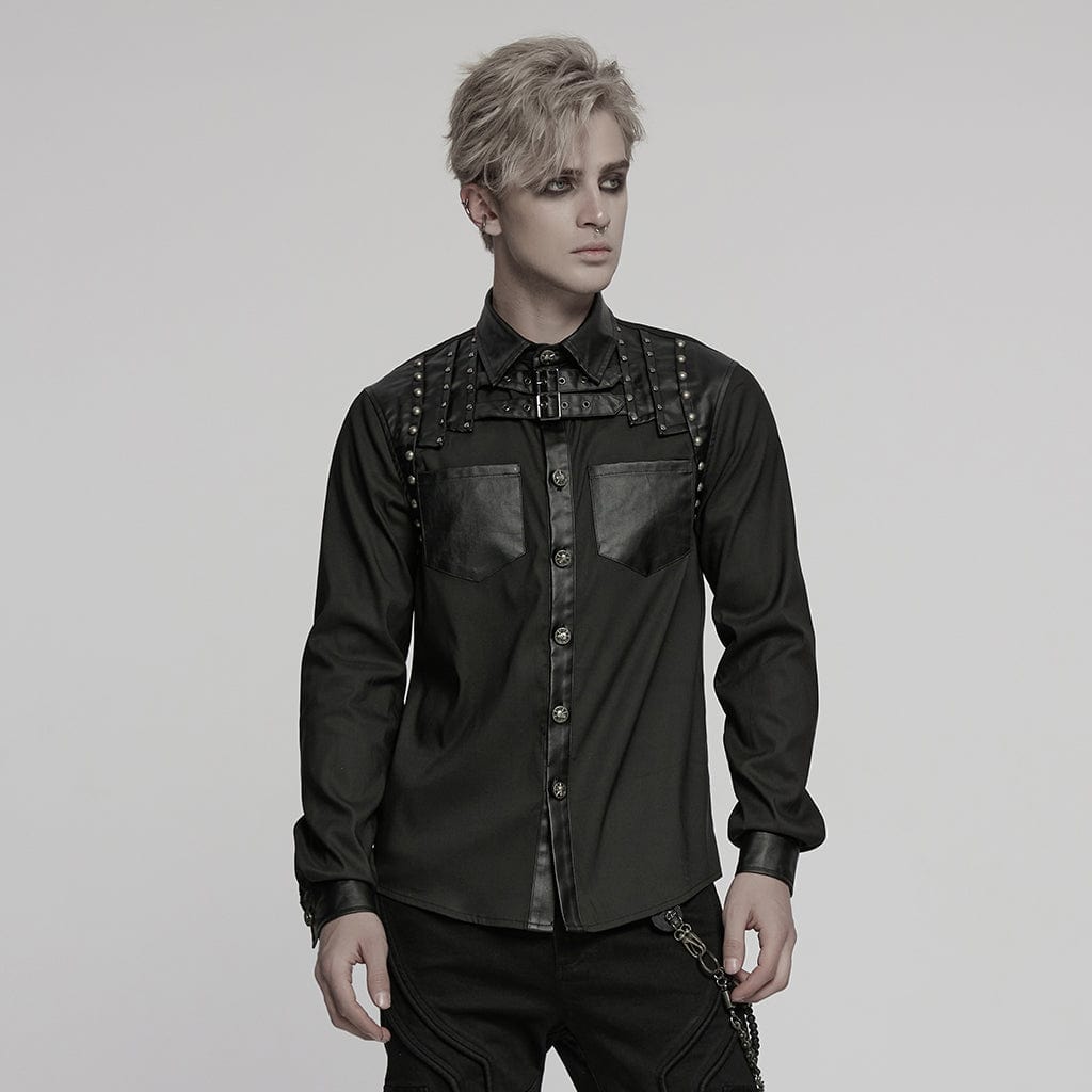 PUNK RAVE Men's Punk Faux Leather Splice Splice Buckle Strap Shirt