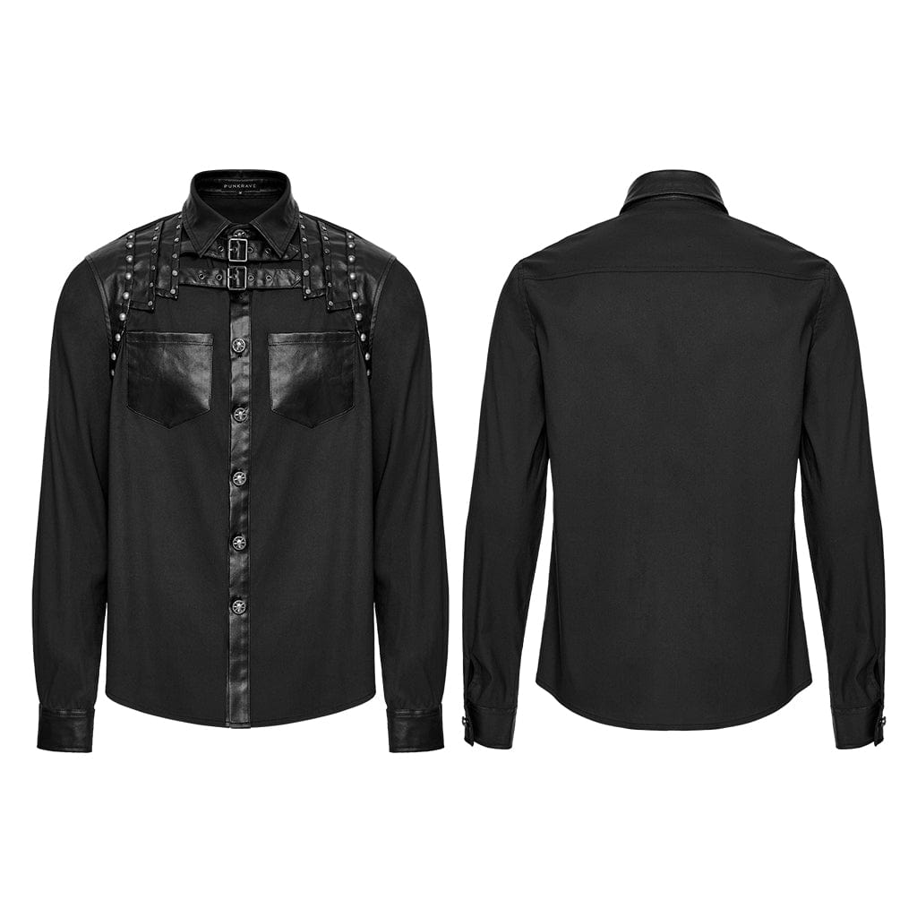 PUNK RAVE Men's Punk Faux Leather Splice Splice Buckle Strap Shirt