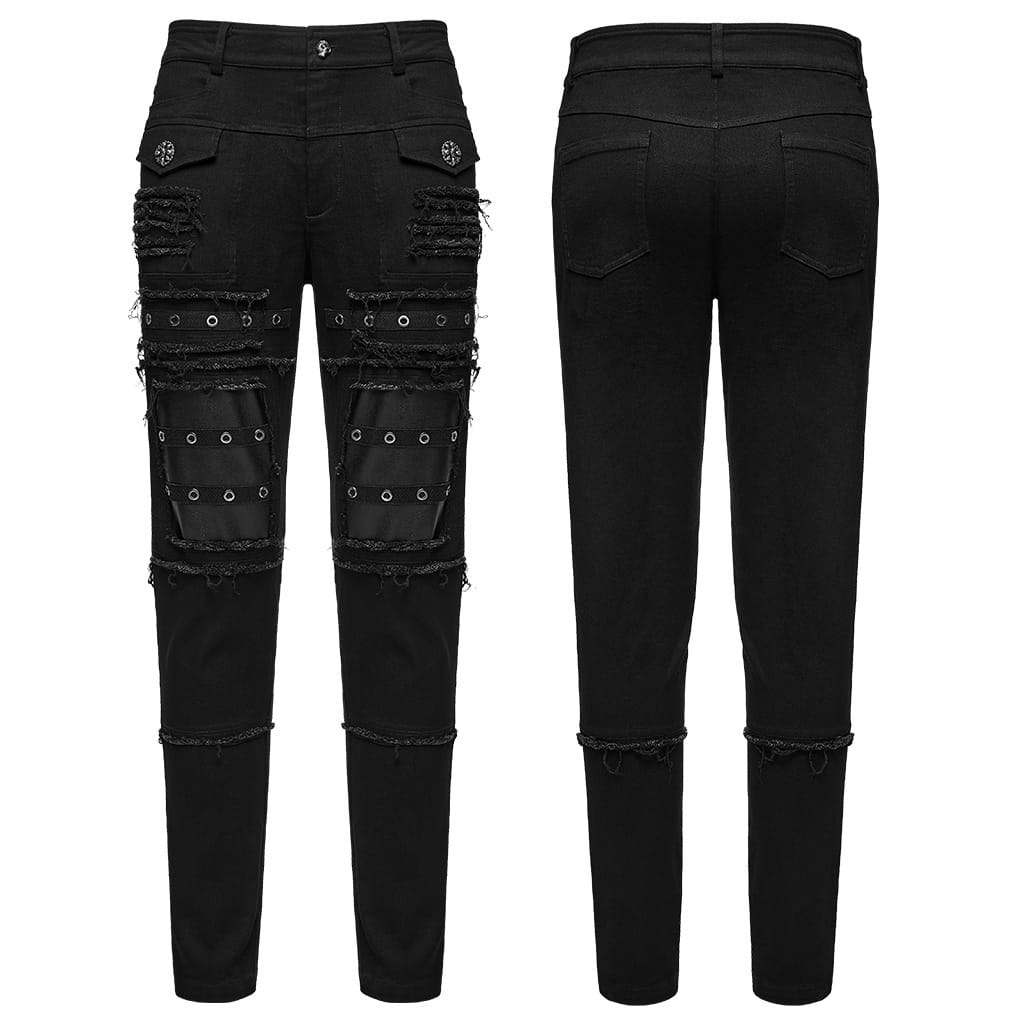 PUNK RAVE Men's Punk Frayed Raw Edge Eyelet Patchwork Pants