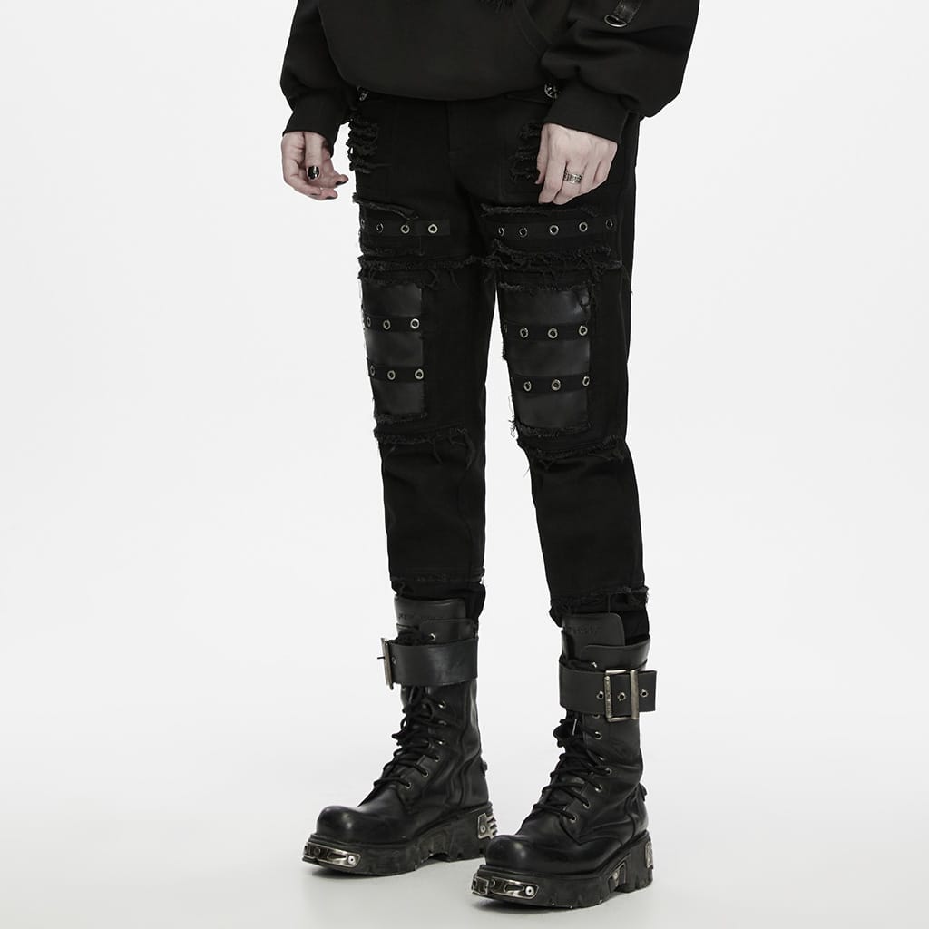PUNK RAVE Men's Punk Frayed Raw Edge Eyelet Patchwork Pants