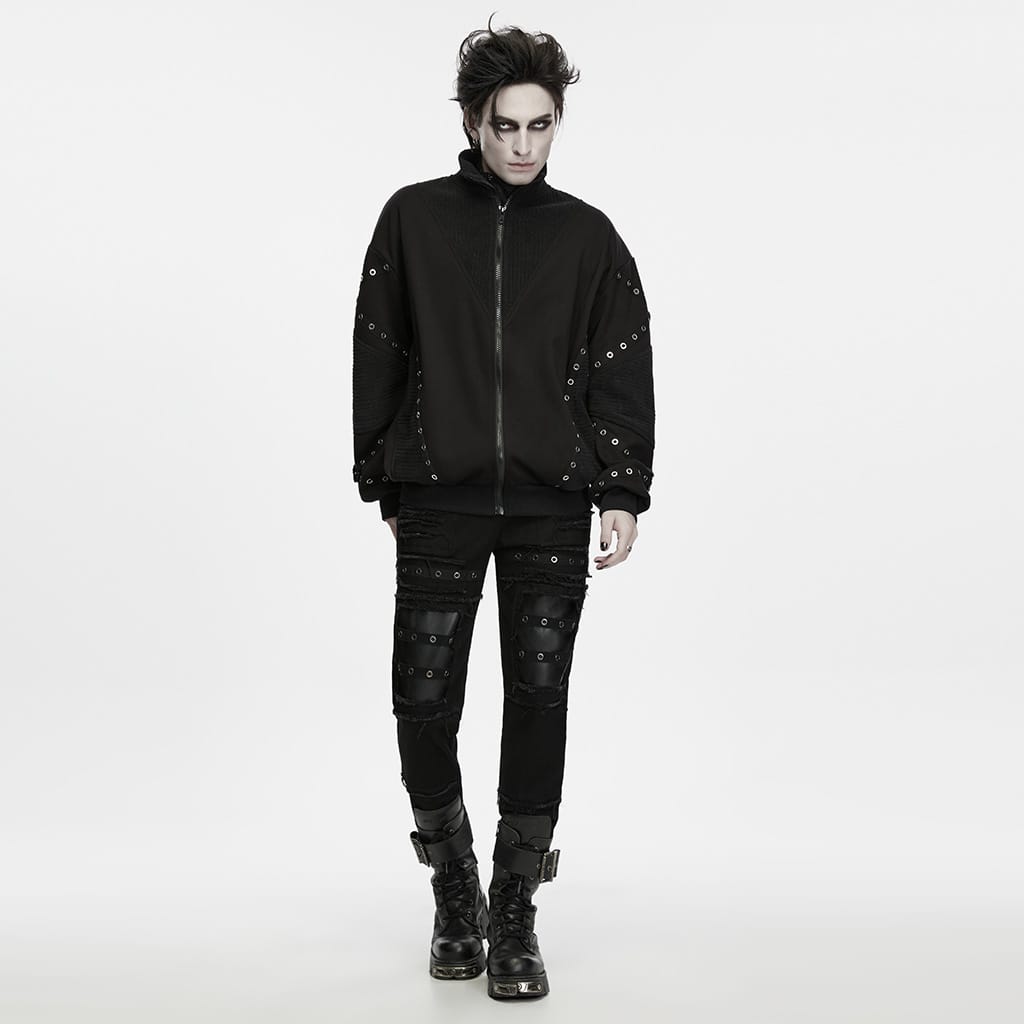 PUNK RAVE Men's Punk Frayed Raw Edge Eyelet Patchwork Pants