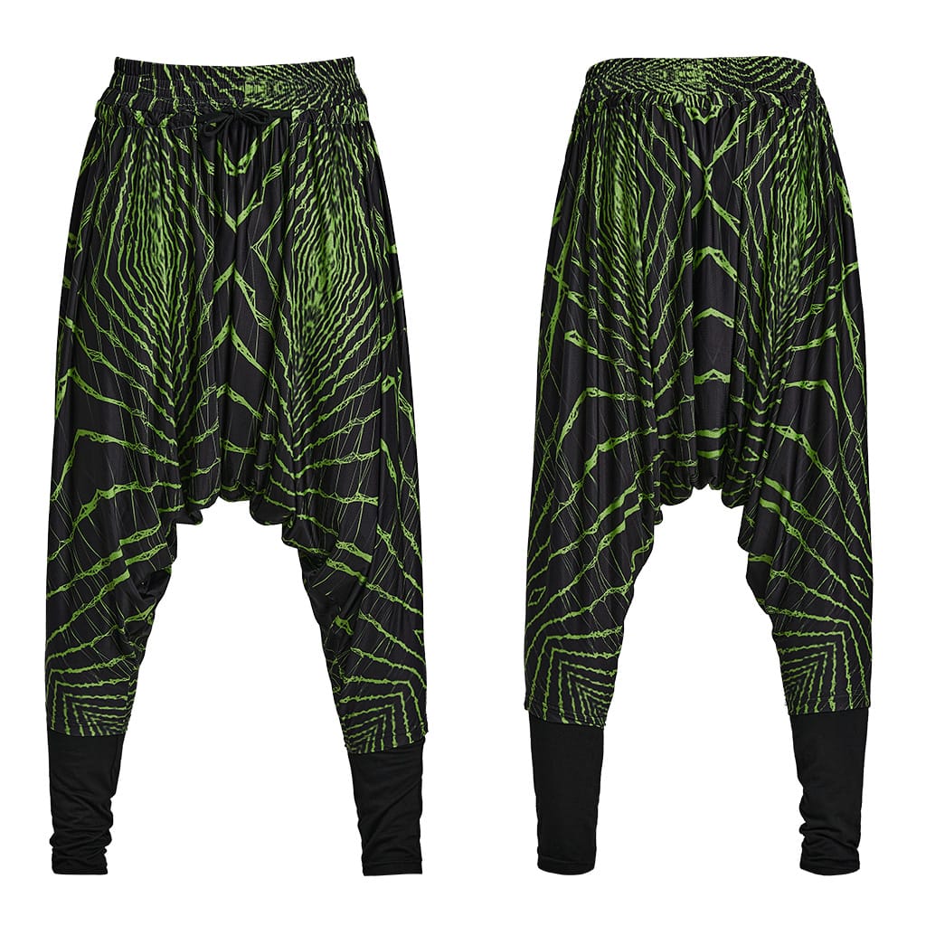 PUNK RAVE Men's Punk Halo Printed Sagging Pants Black-green