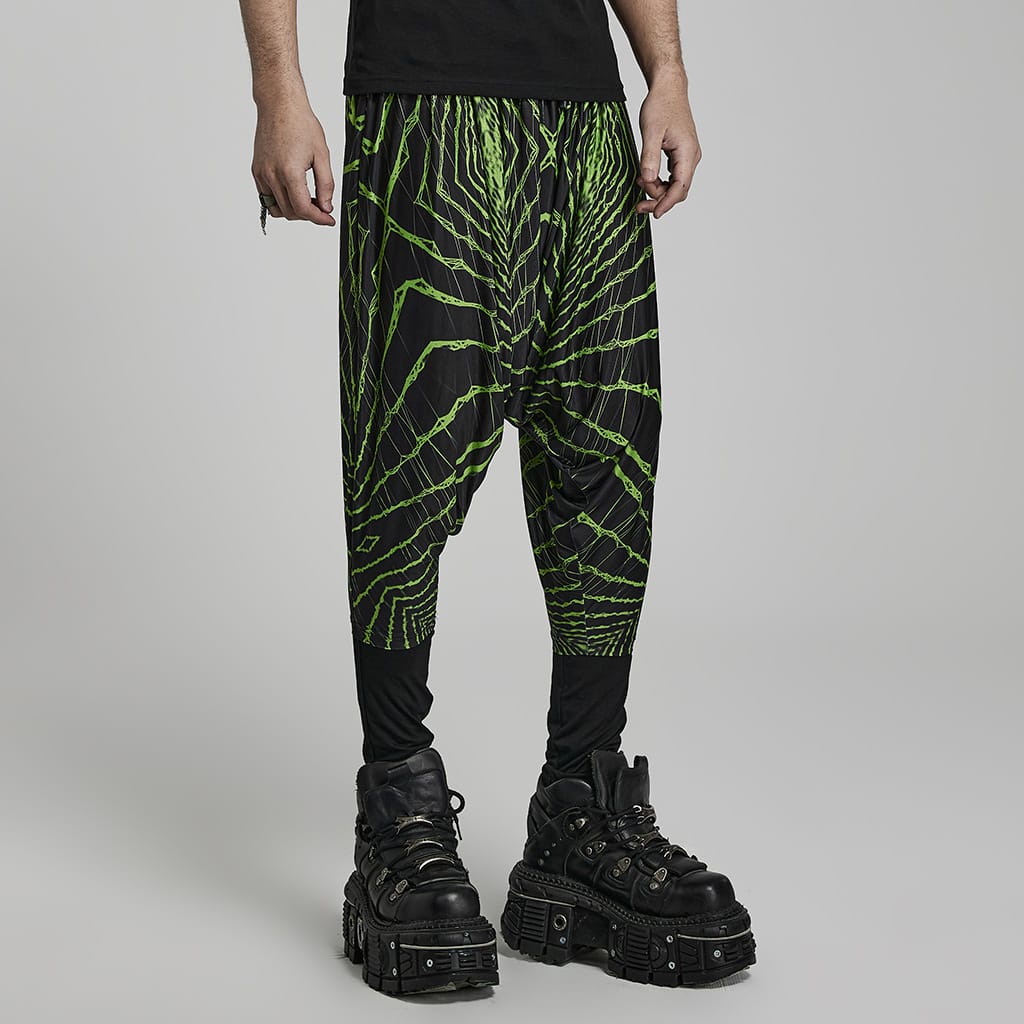 PUNK RAVE Men's Punk Halo Printed Sagging Pants Black-green
