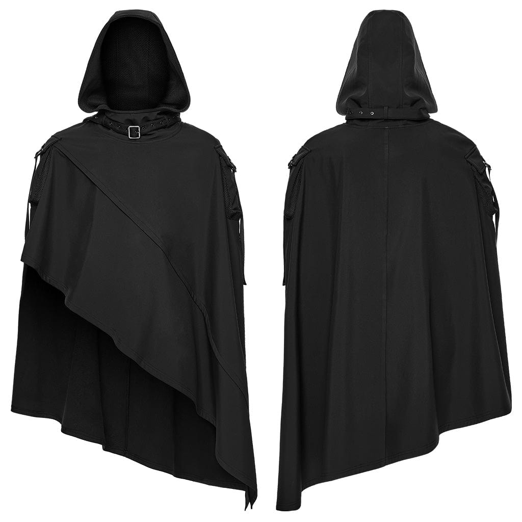 PUNK RAVE Men's Punk Irregular Buckle Strap Hooded Cloak