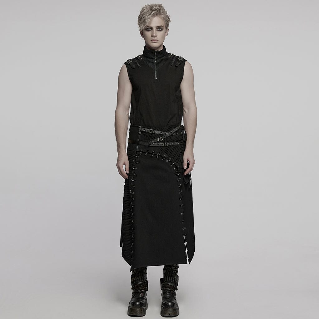 PUNK RAVE Men's Punk Irregular Lace-up Mesh Splice Kilt