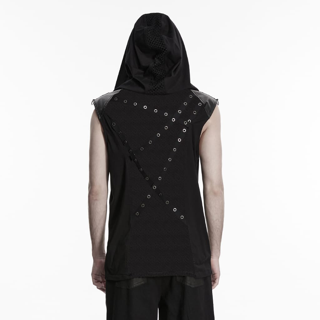 PUNK RAVE Men's Punk Lace-up Mesh Splice Hooded Tank Top
