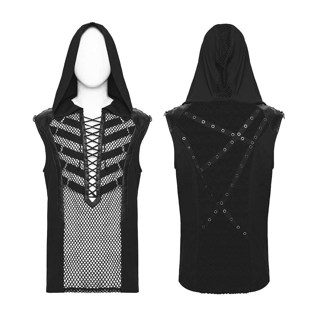 PUNK RAVE Men's Punk Lace-up Mesh Splice Hooded Tank Top