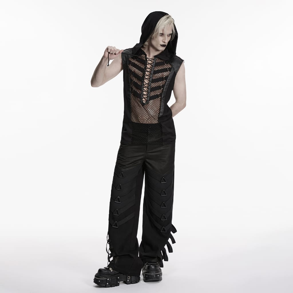 PUNK RAVE Men's Punk Lace-up Mesh Splice Hooded Tank Top