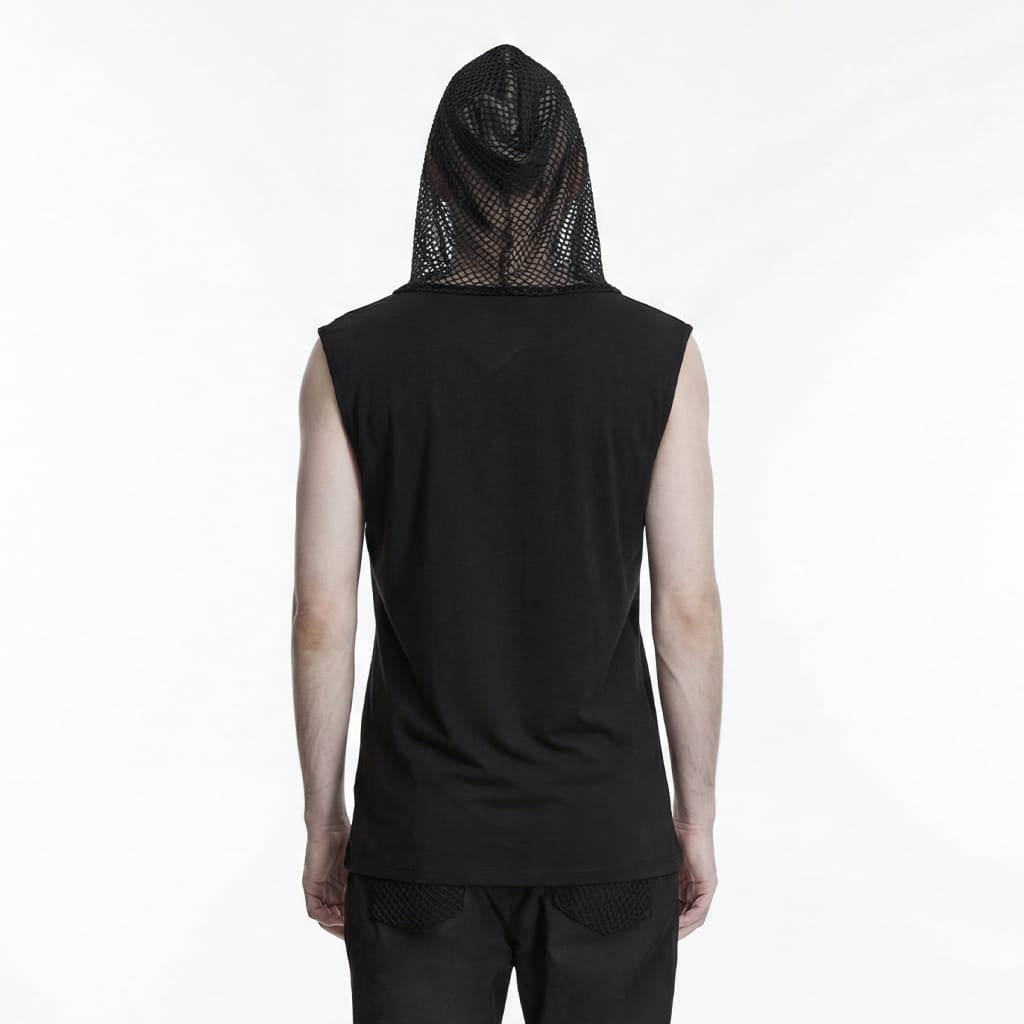 Men's Punk Lace-up Patchwork Hooded Tank Top Black - Punk Design