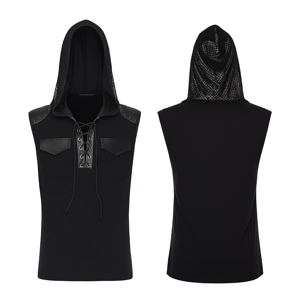 Men's Punk Lace-up Patchwork Hooded Tank Top Black - Punk Design
