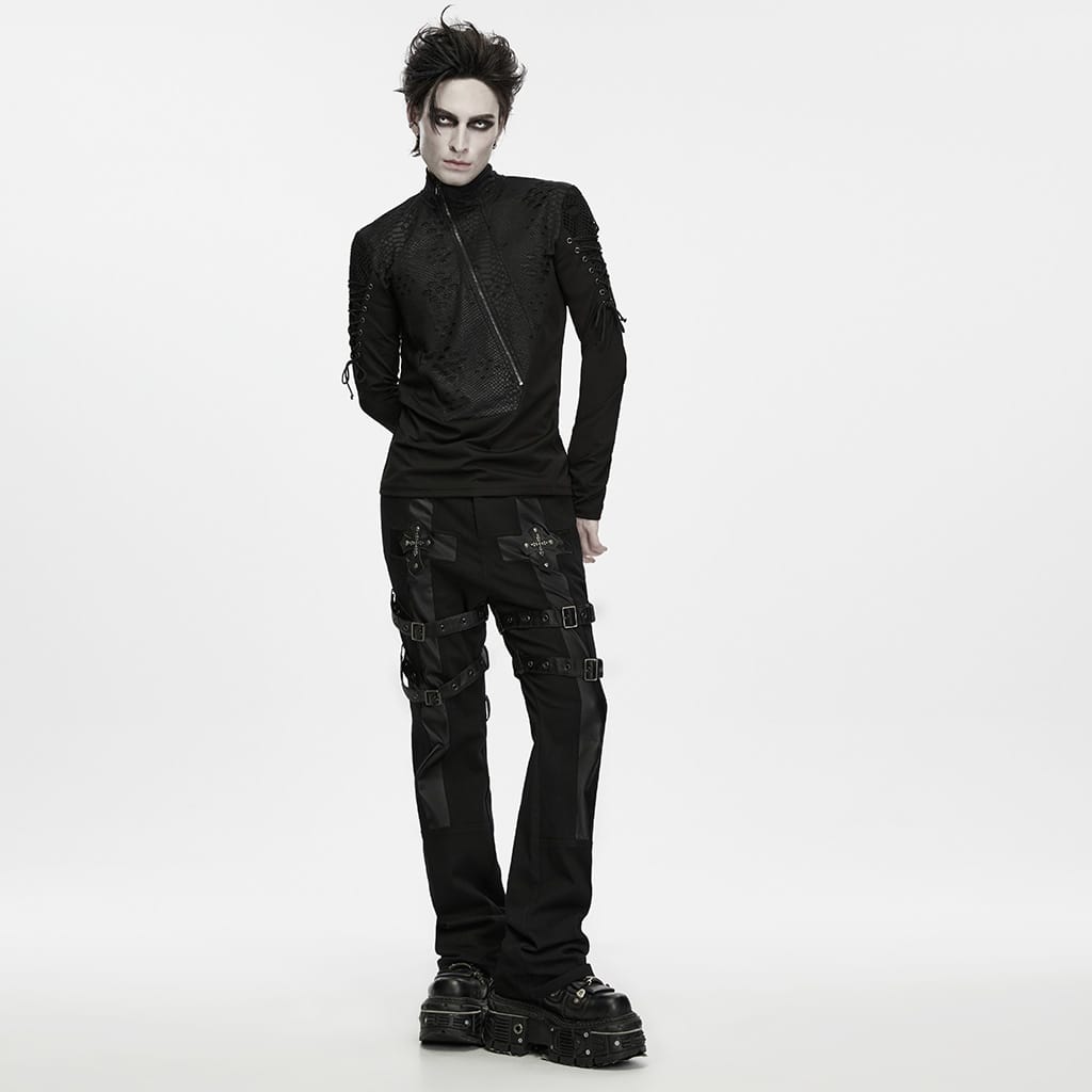 PUNK RAVE Men's Punk Lace-up Zipper Turtle Neck Long Sleeve Top