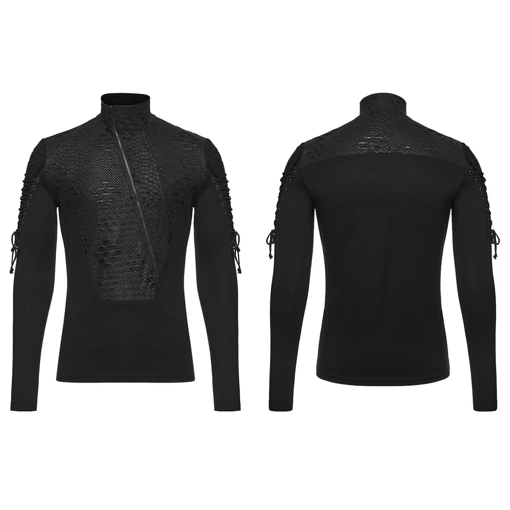 PUNK RAVE Men's Punk Lace-up Zipper Turtle Neck Long Sleeve Top