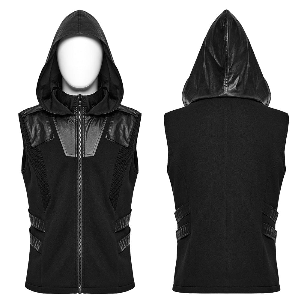 PUNK RAVE Men's Punk Mesh Splice Faux Leather Vest with Hood