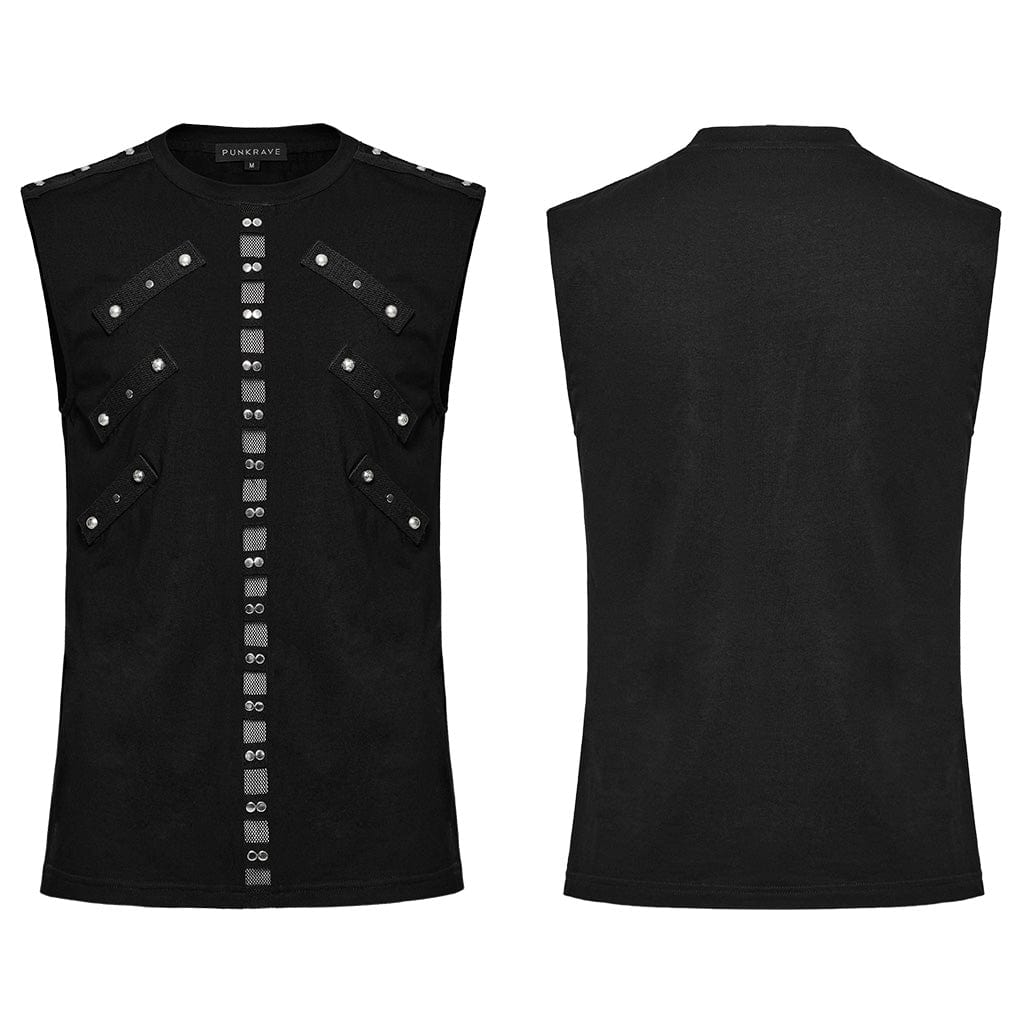 PUNK RAVE Men's Punk Mesh Splice Nailed Straps Tank Top