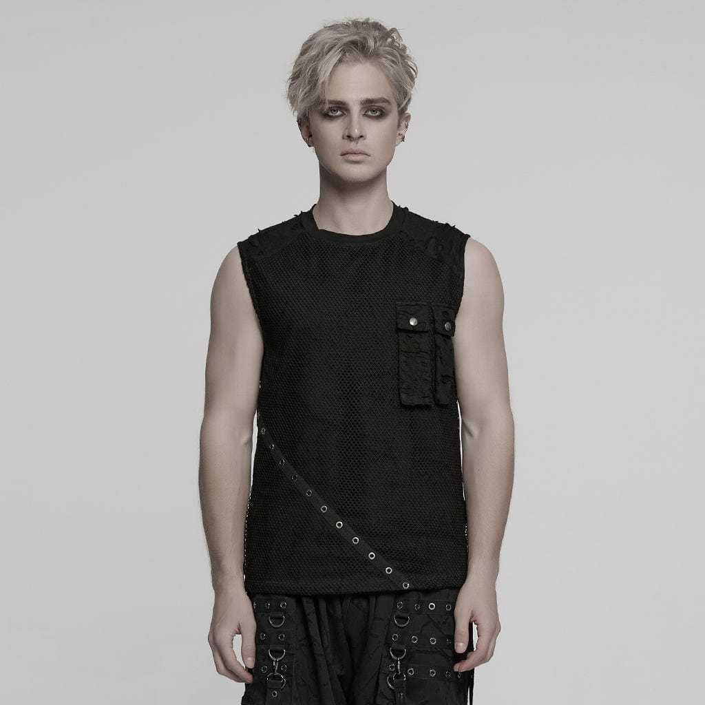 PUNK RAVE Men's Punk Mesh Splice Ripped Vest