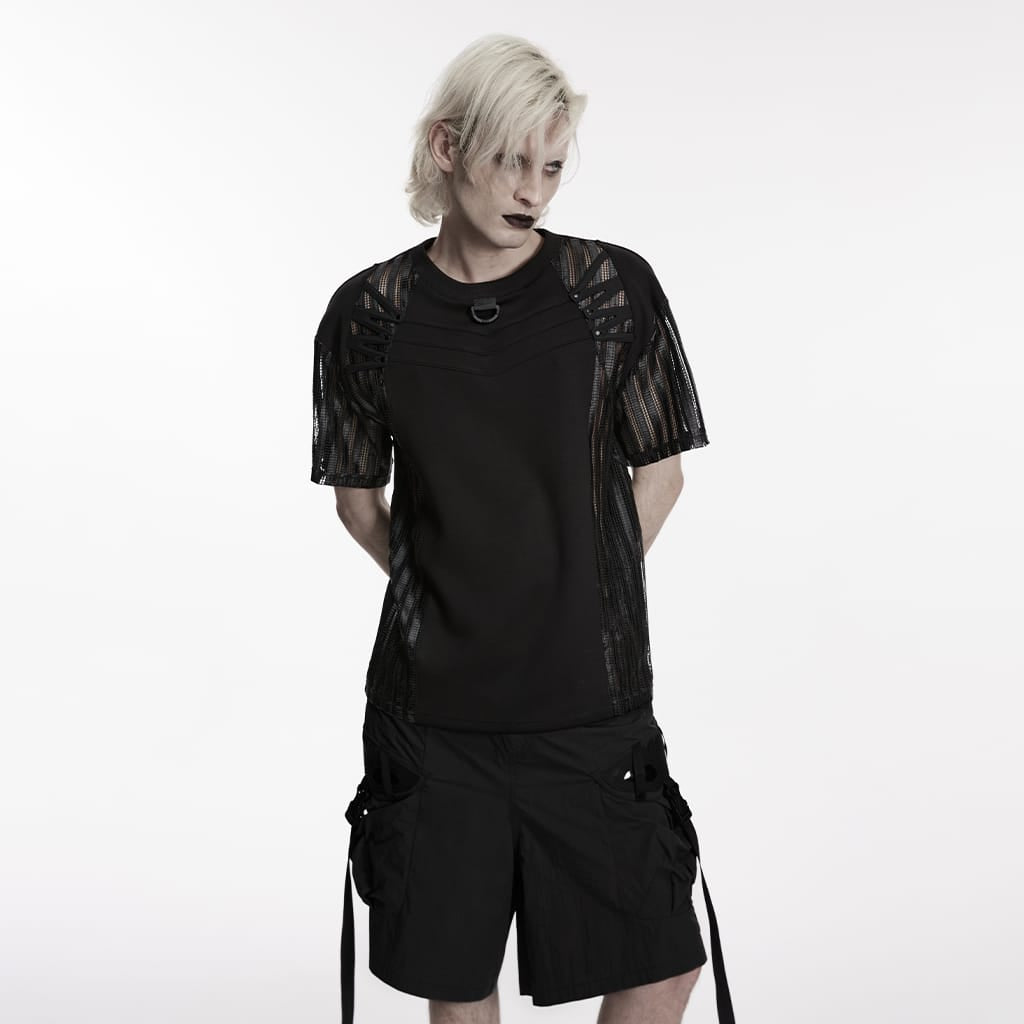 PUNK RAVE Men's Punk Mesh Splice Short Sleeved Top