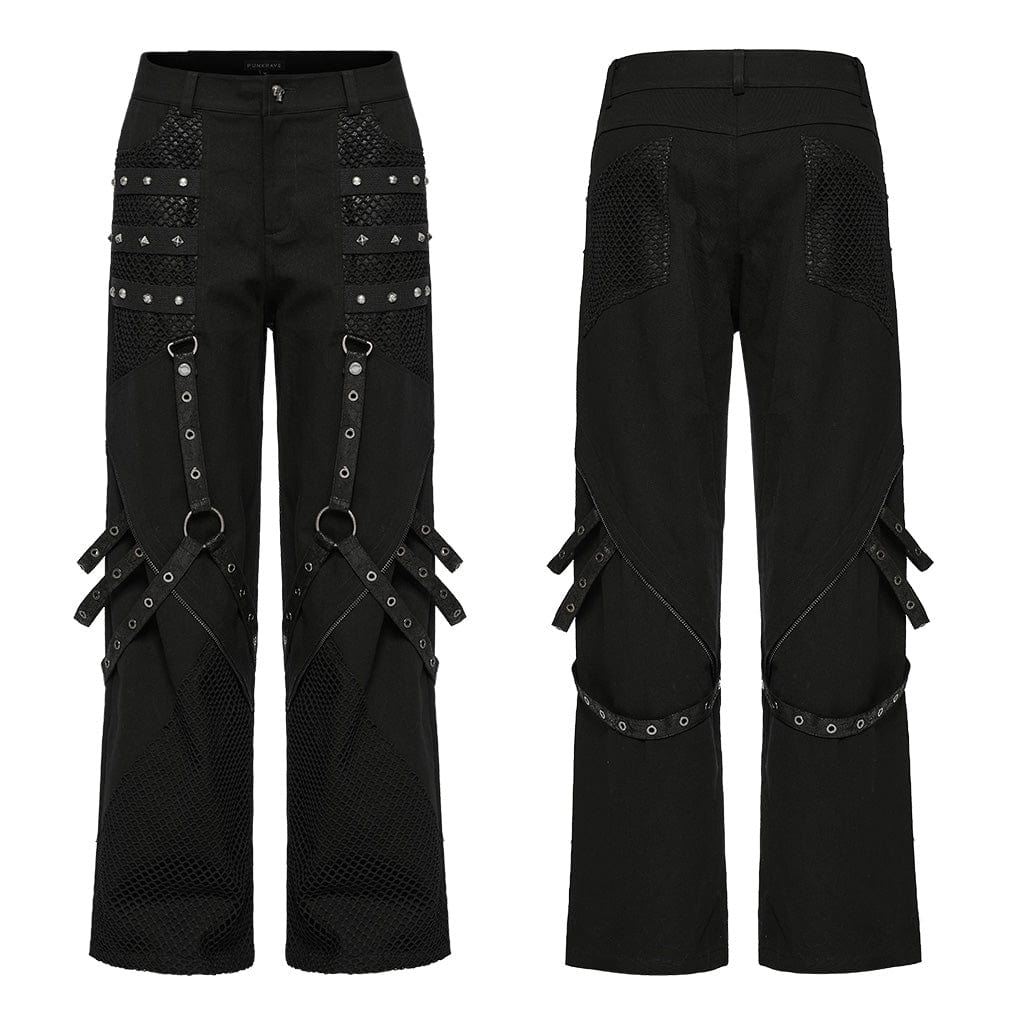 PUNK RAVE Men's Punk Mesh Splice Strappy Trousers