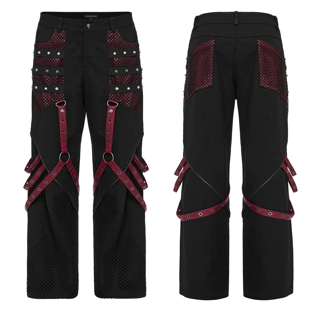 PUNK RAVE Men's Punk Mesh Splice Strappy Trousers