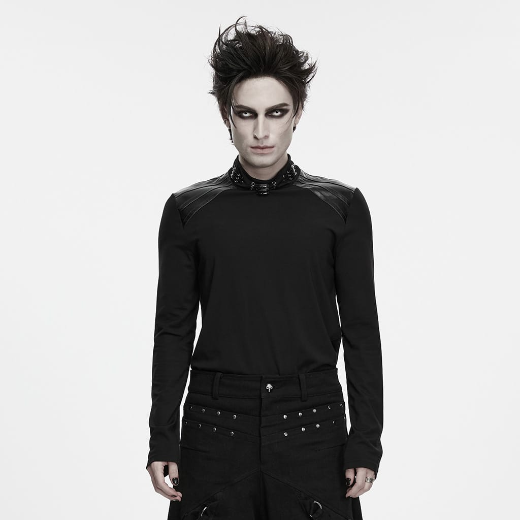 PUNK RAVE Men's Punk Metal Claw Mock Neck Patchwork Long Sleeve Top