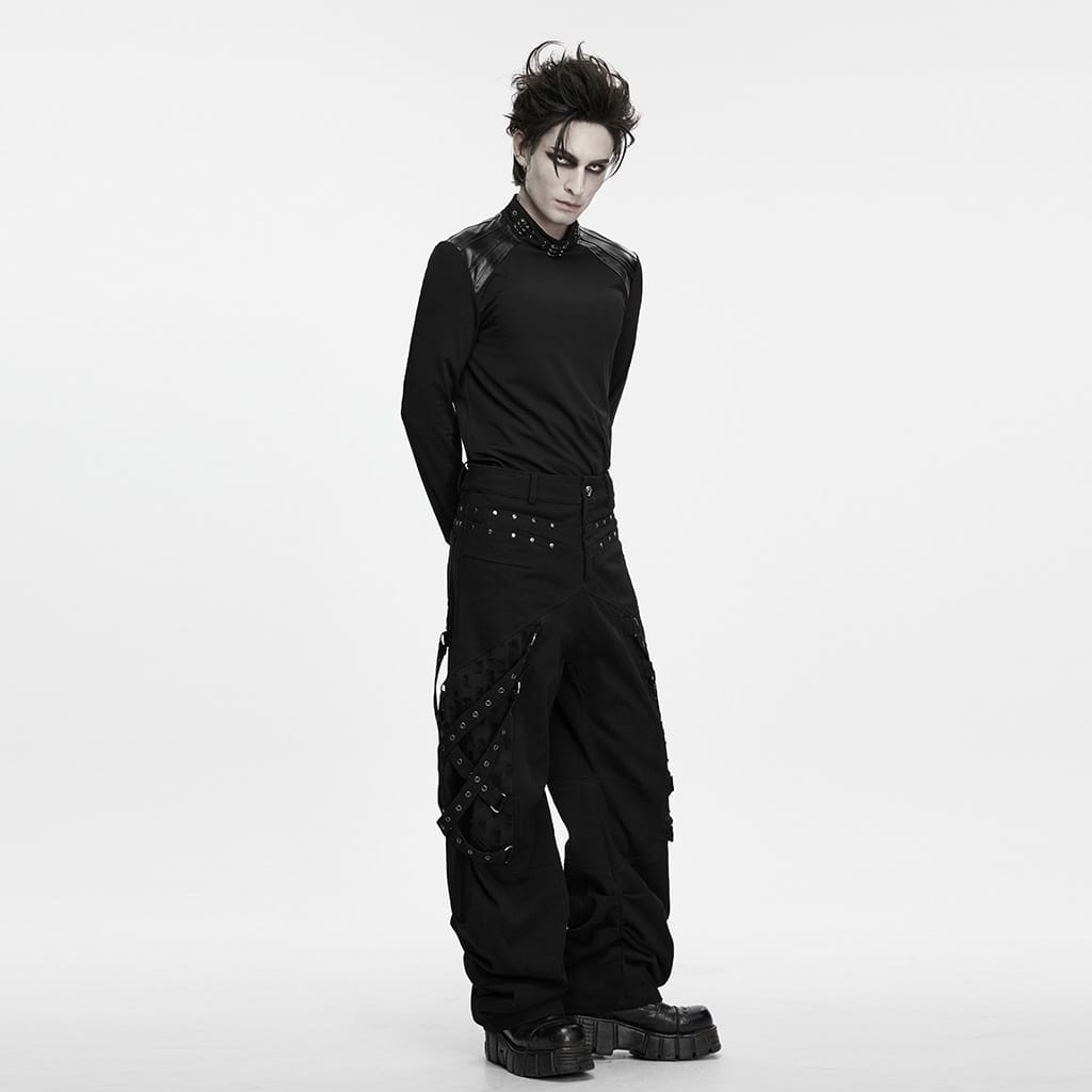 PUNK RAVE Men's Punk Metal Claw Mock Neck Patchwork Long Sleeve Top