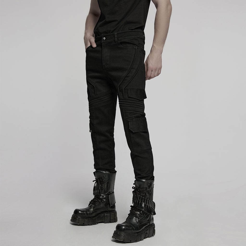 PUNK RAVE Men's Punk Multi-pocket Pleated Denim Pants