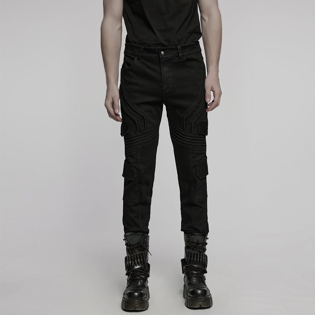 PUNK RAVE Men's Punk Multi-pocket Pleated Denim Pants