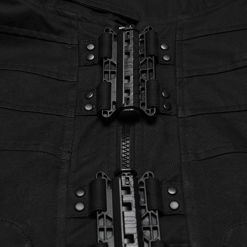 PUNK RAVE Men's Punk Patch Pockets Convertible Collar Vest Black