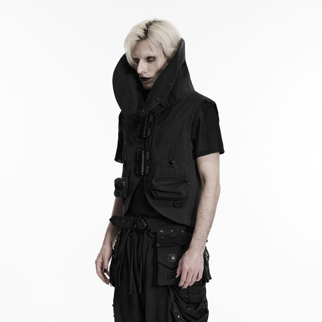 PUNK RAVE Men's Punk Patch Pockets Convertible Collar Vest Black