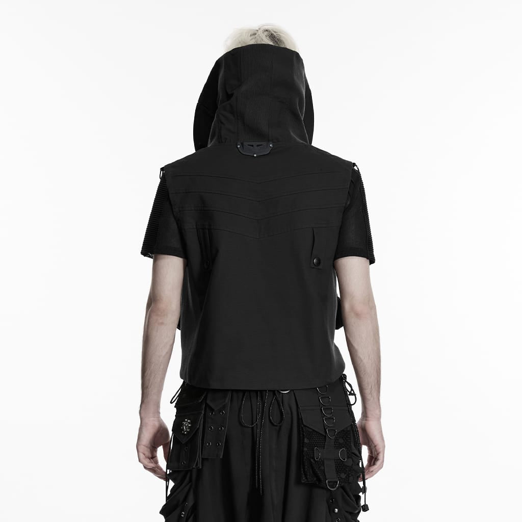 PUNK RAVE Men's Punk Patch Pockets Convertible Collar Vest Black