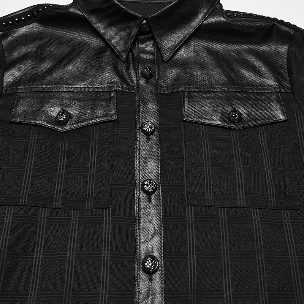 PUNK RAVE Men's Punk Plaid Turn-down Collar Short Sleeved Shirt