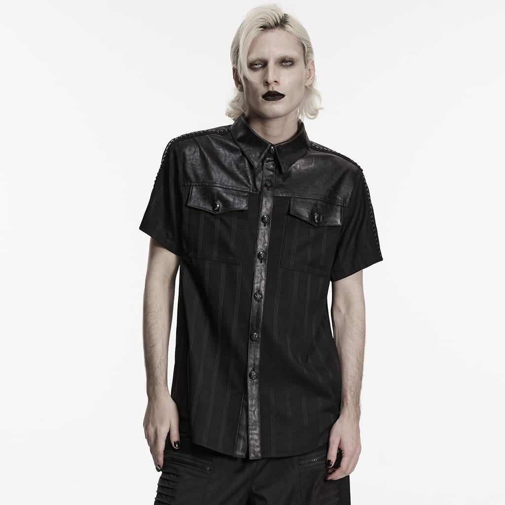 PUNK RAVE Men's Punk Plaid Turn-down Collar Short Sleeved Shirt