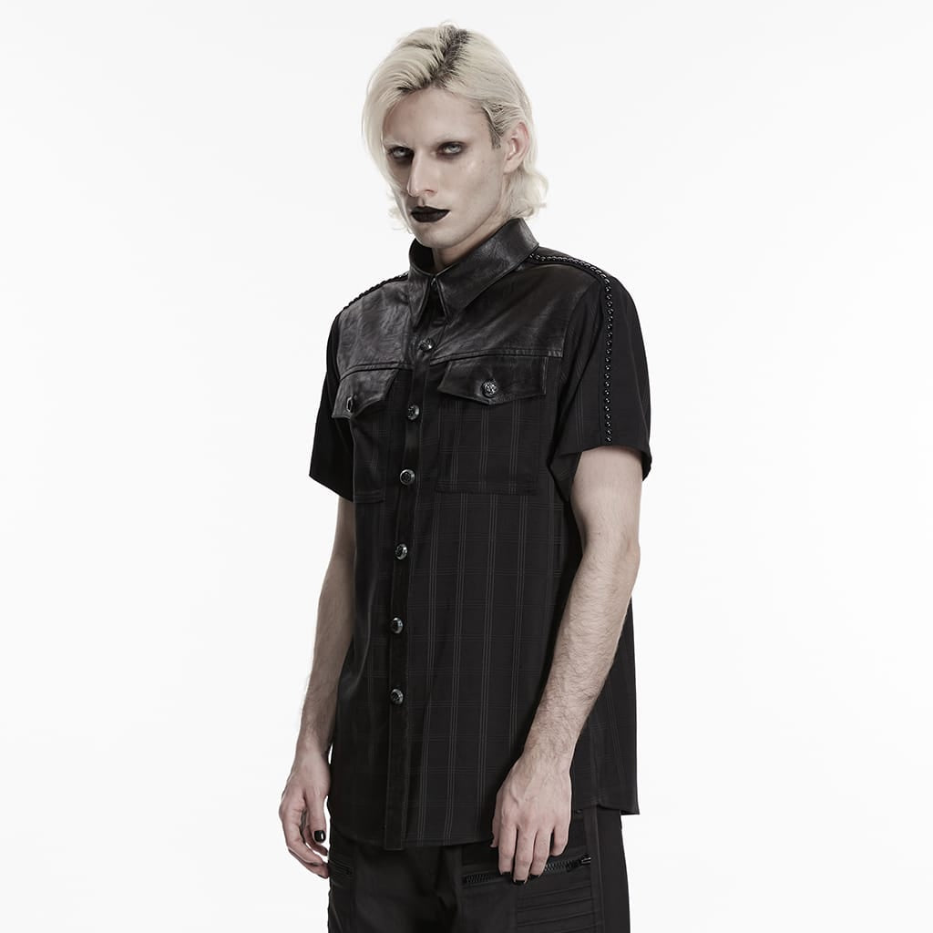 PUNK RAVE Men's Punk Plaid Turn-down Collar Short Sleeved Shirt