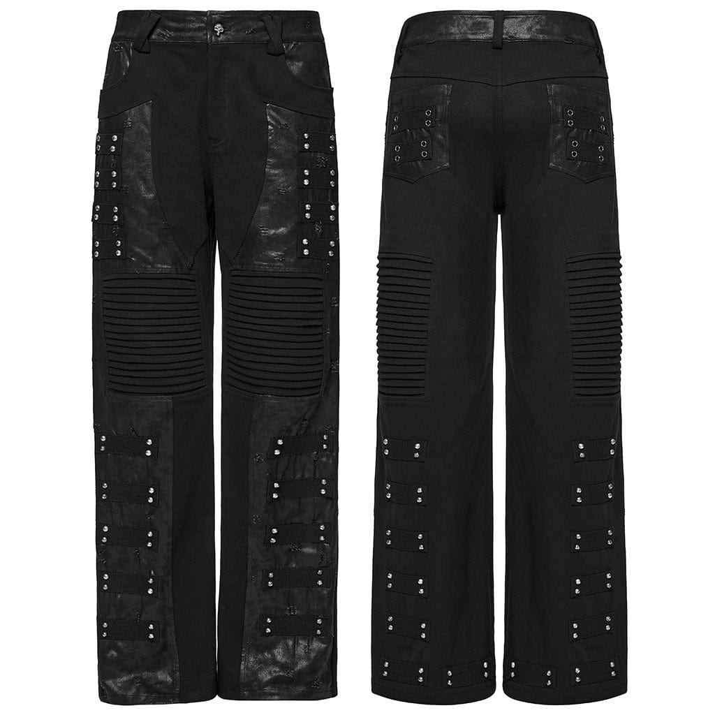 PUNK RAVE Men's Punk Pleated Faux Leather Straight Pants