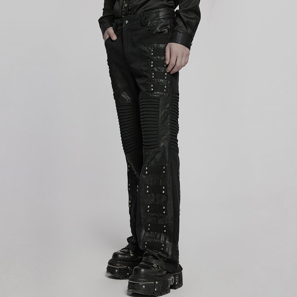 PUNK RAVE Men's Punk Pleated Faux Leather Straight Pants