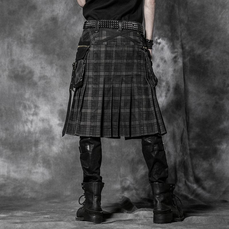 PUNK RAVE Men's Punk Pleated Kilt with Skull Pocket