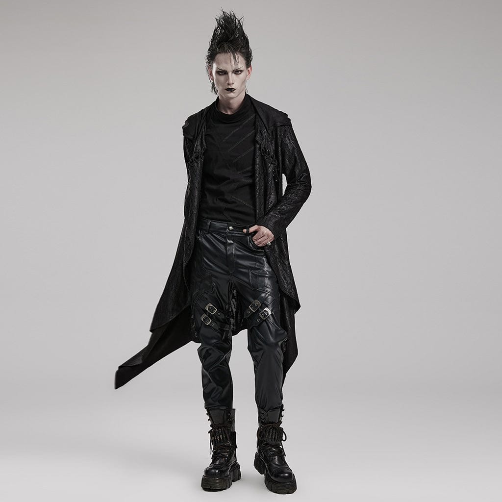 PUNK RAVE Men's Punk Pleated Long Coat with a Hood