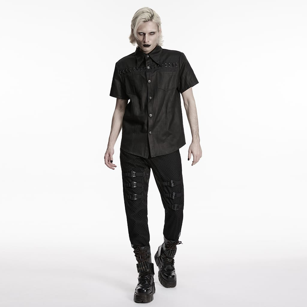 PUNK RAVE Men's Punk Rings Turn-down Collar Short Sleeved Shirt