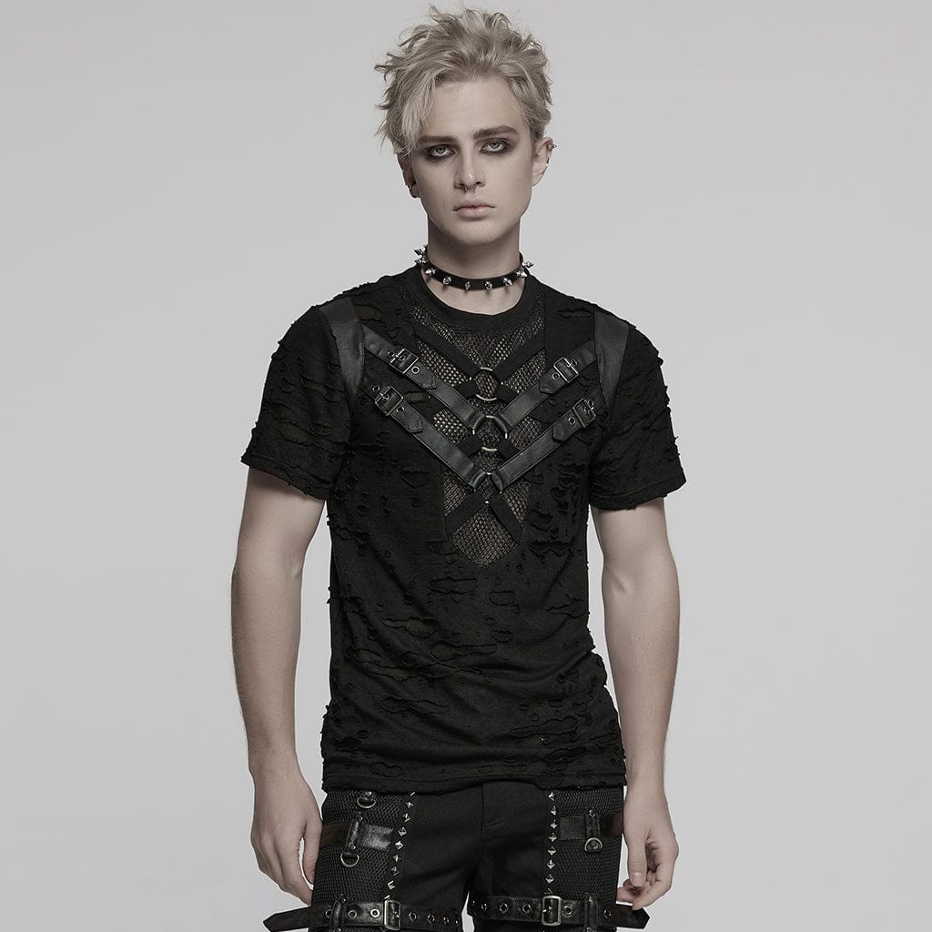 PUNK RAVE Men's Punk Ripped Mesh Splice Strap T-shirt