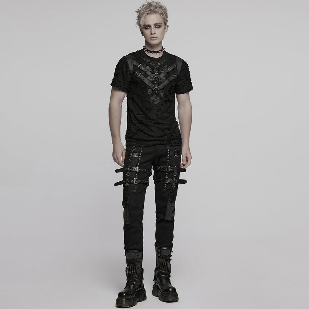 PUNK RAVE Men's Punk Ripped Mesh Splice Strap T-shirt