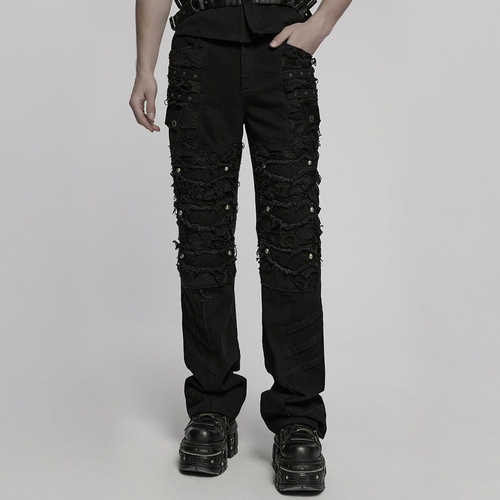 PUNK RAVE Men's Punk Ripped Straight Pants